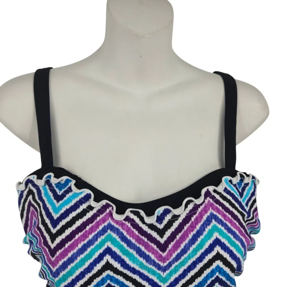 Profile by Gottex Tankini Top Women 34E Blue Purple Chevron Scalloped Vacation